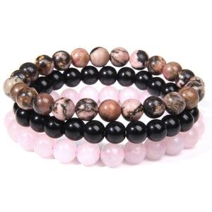 Black Pink Marbled Beaded Stretch Set Of 3 Bracelets